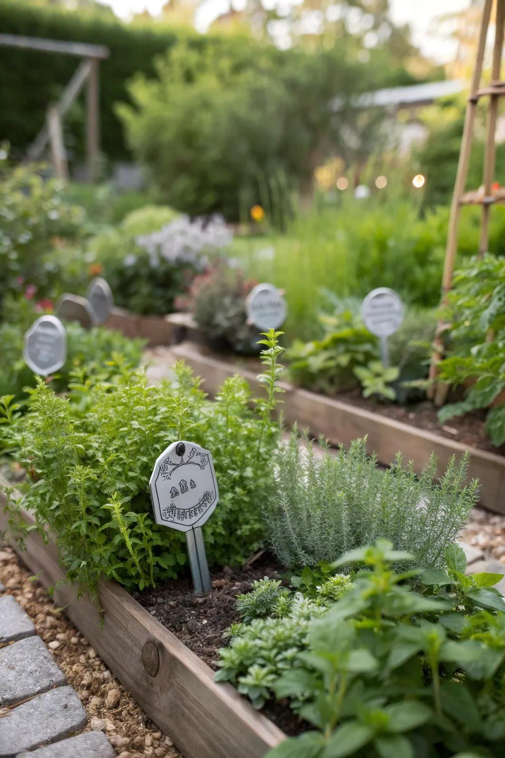 Elegant pewter plant markers enhance garden aesthetics.