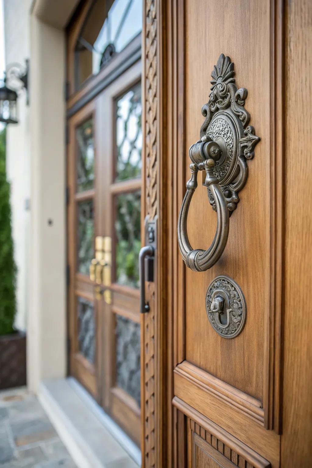 Pewter door knockers add charm to entryways.