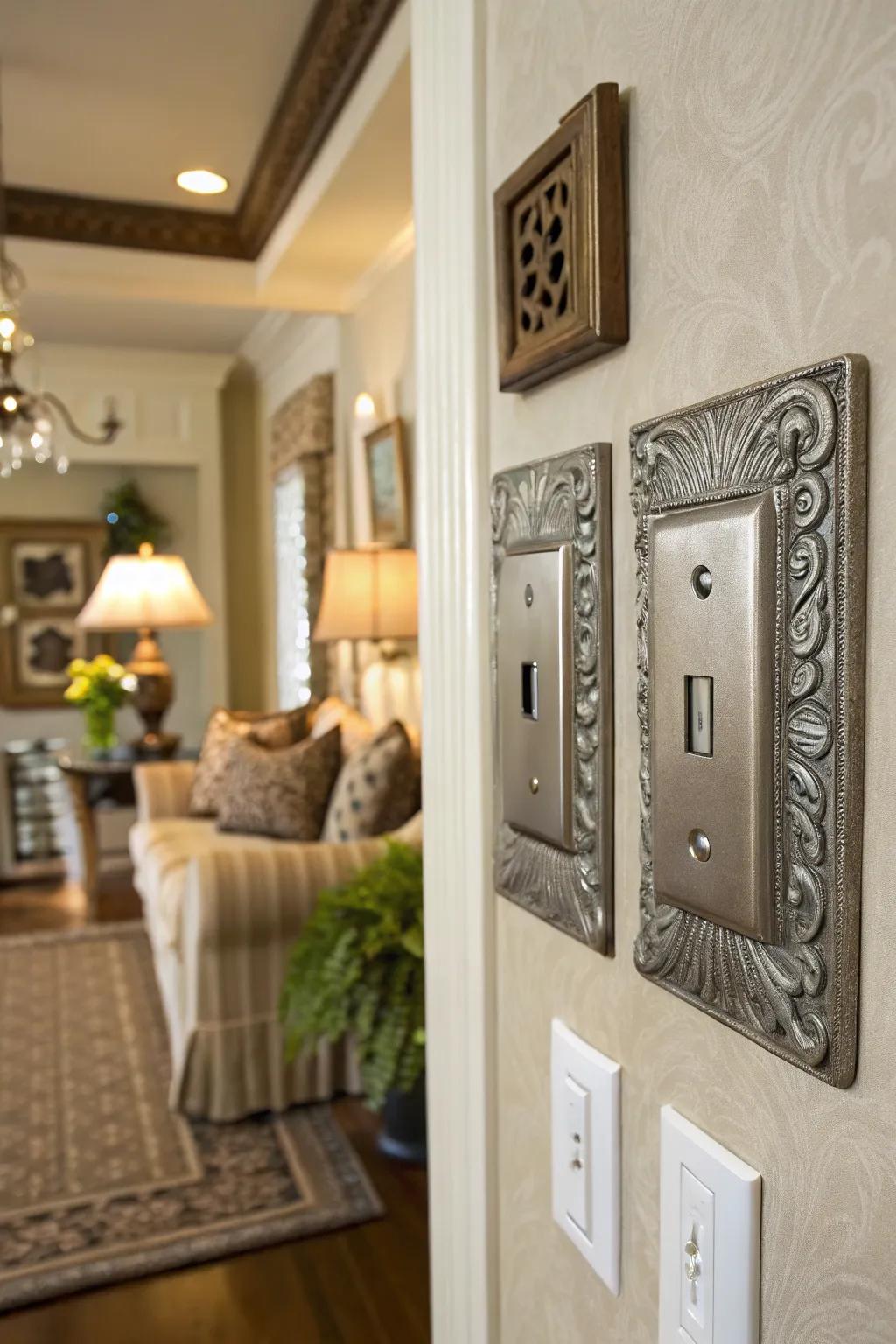 Pewter light switch covers add unique style to rooms.