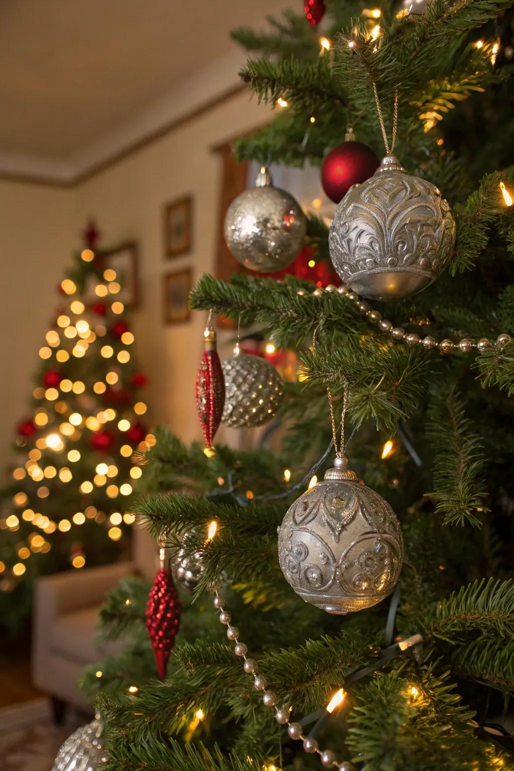 Handmade pewter ornaments add charm to holiday decor.