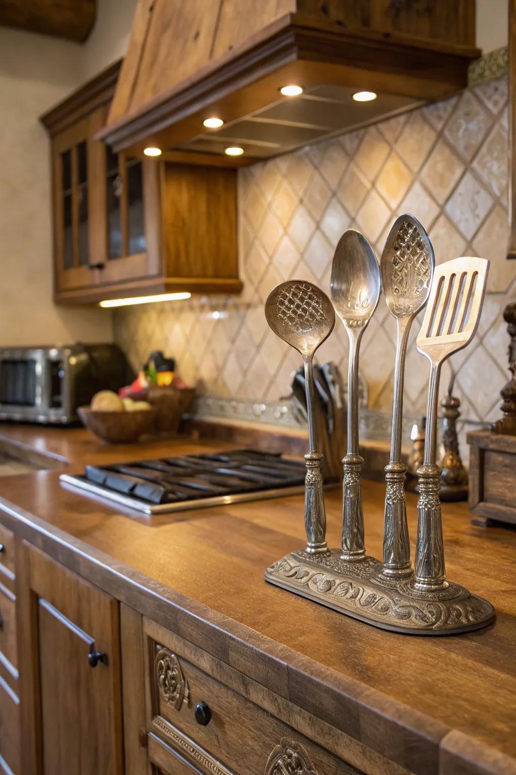 Pewter serving utensils blend practicality with style.