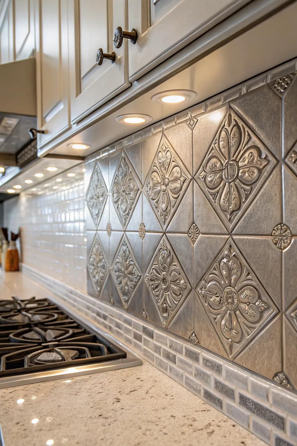 Decorative pewter tiles add artistic charm to rooms.