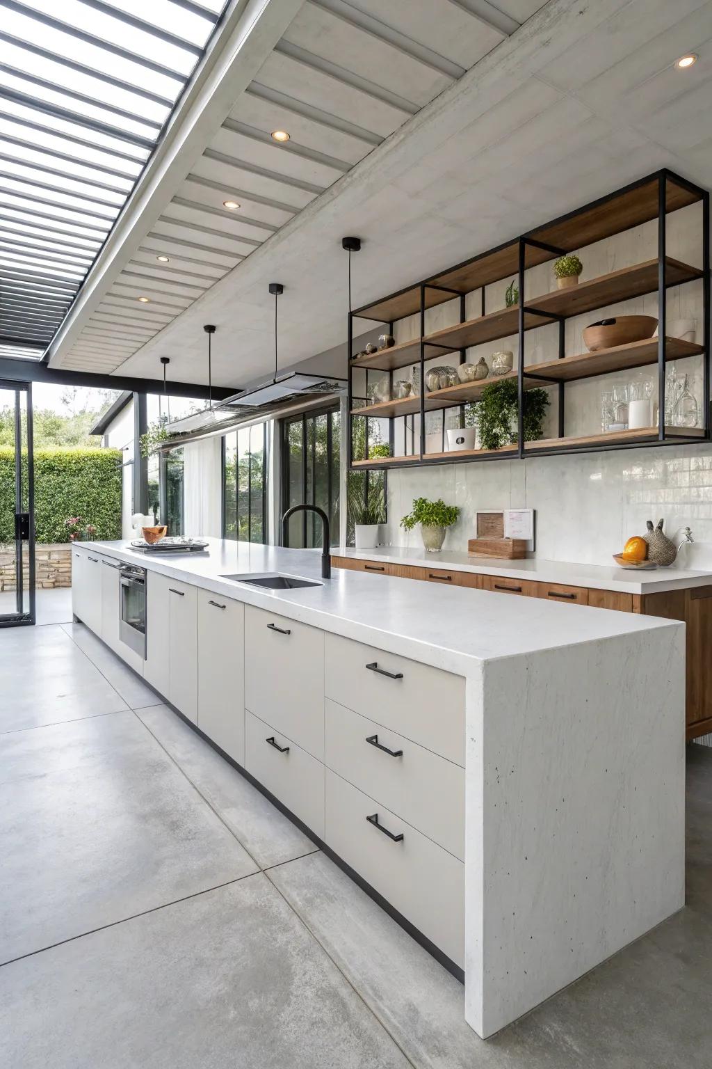 White concrete countertops add a contemporary industrial look.