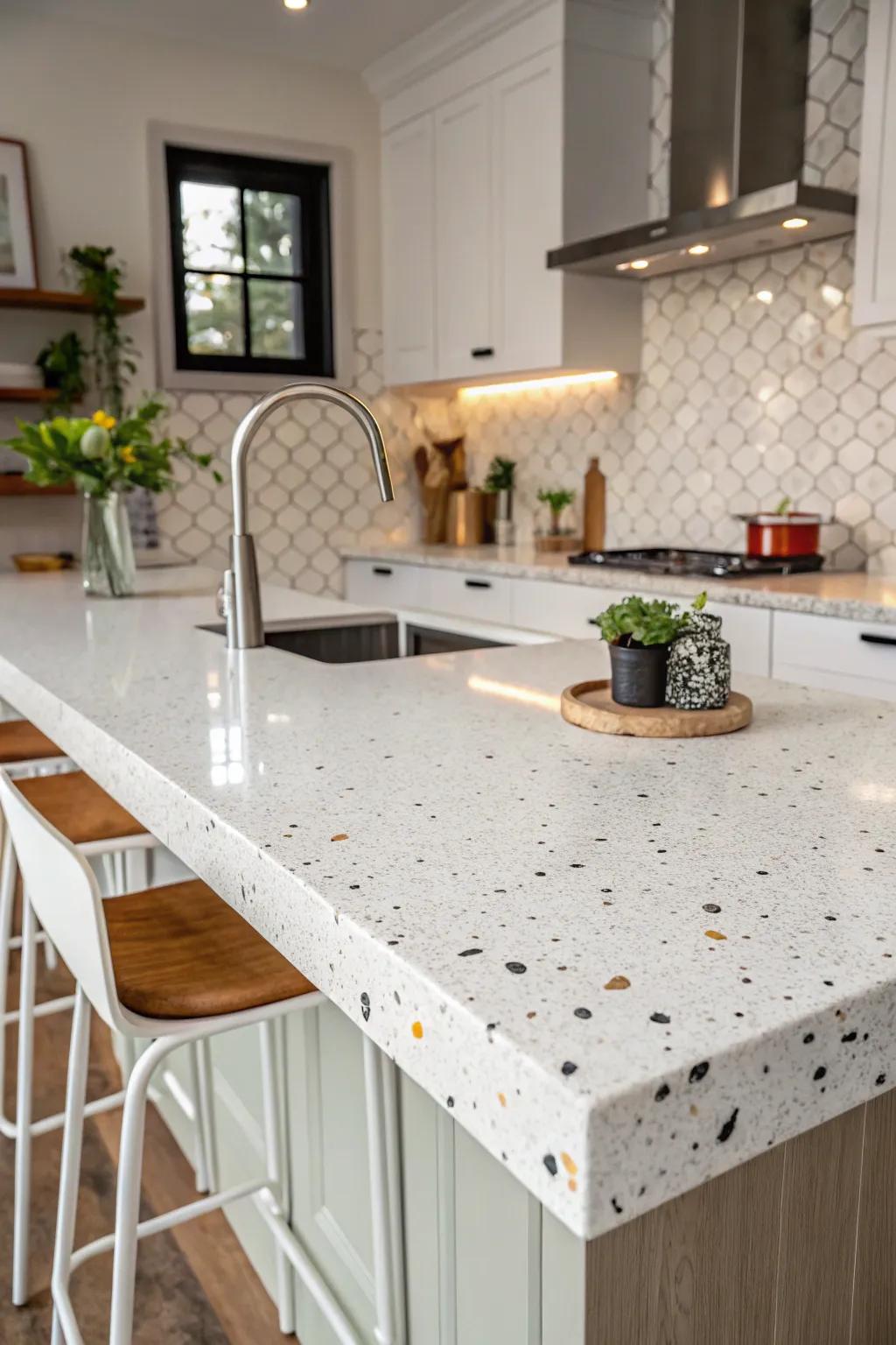 White recycled glass countertops offer sustainable style.