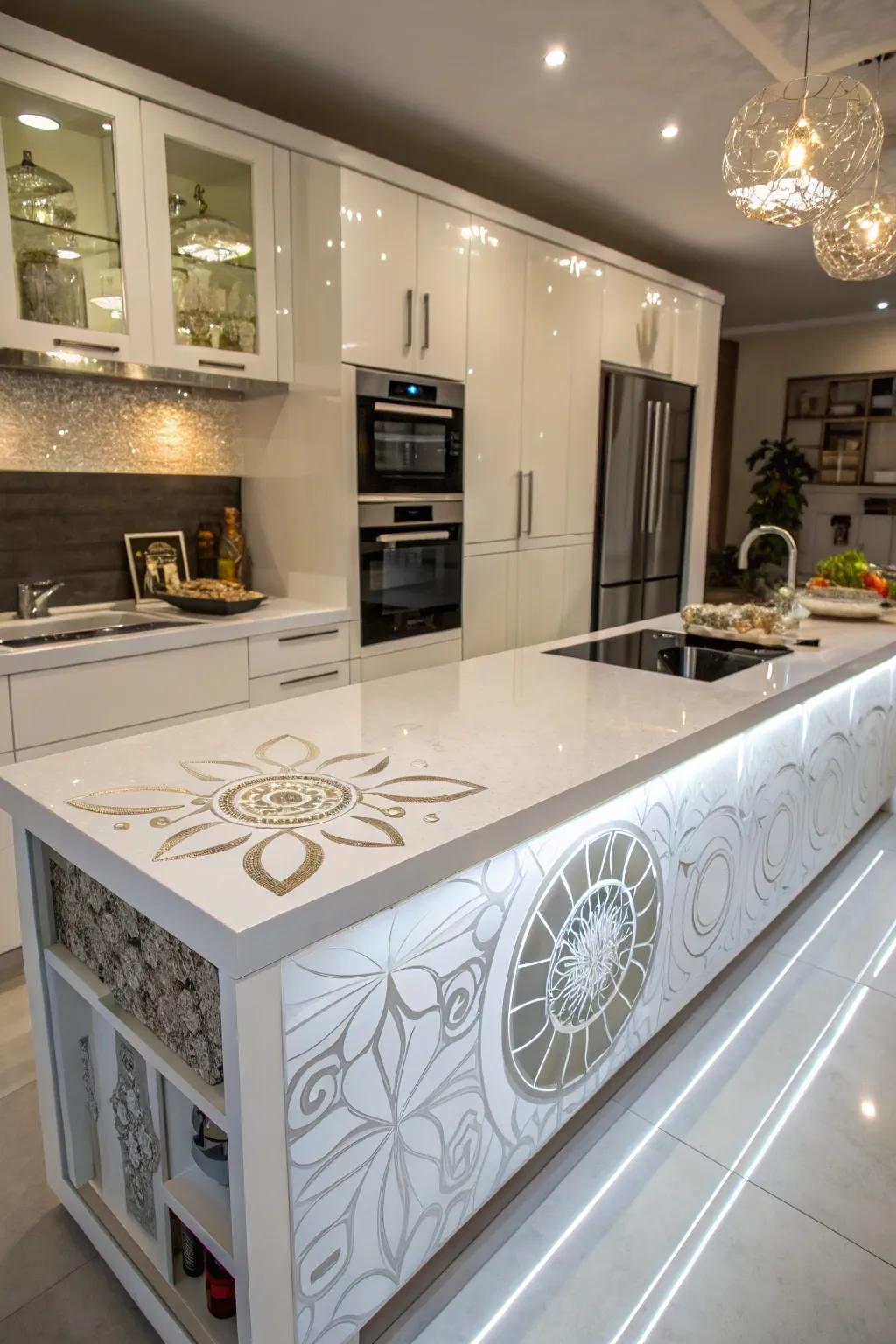 White resin countertops offer customizable, easy-to-clean surfaces.
