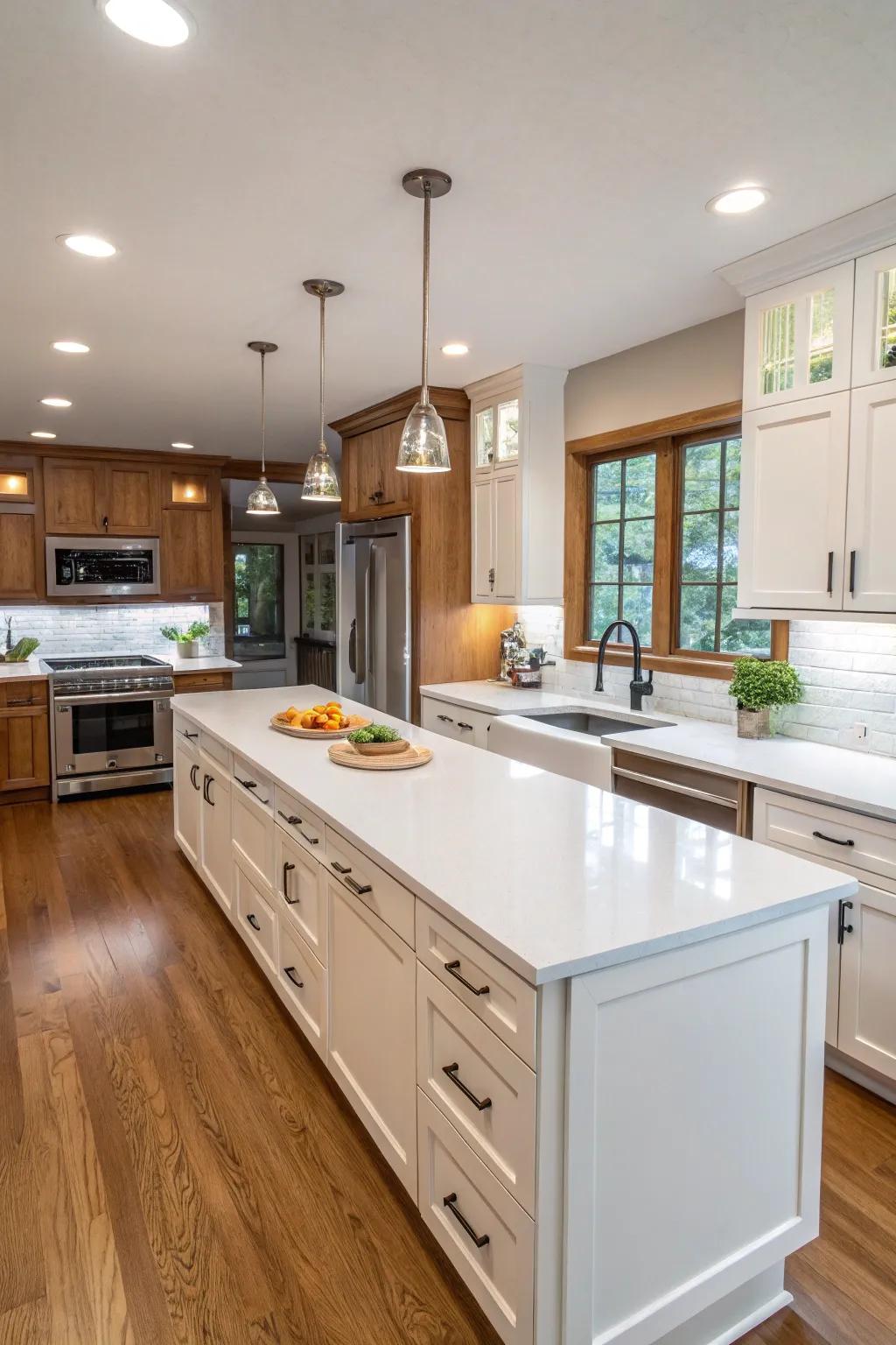 White solid surface countertops offer seamless, easy maintenance.