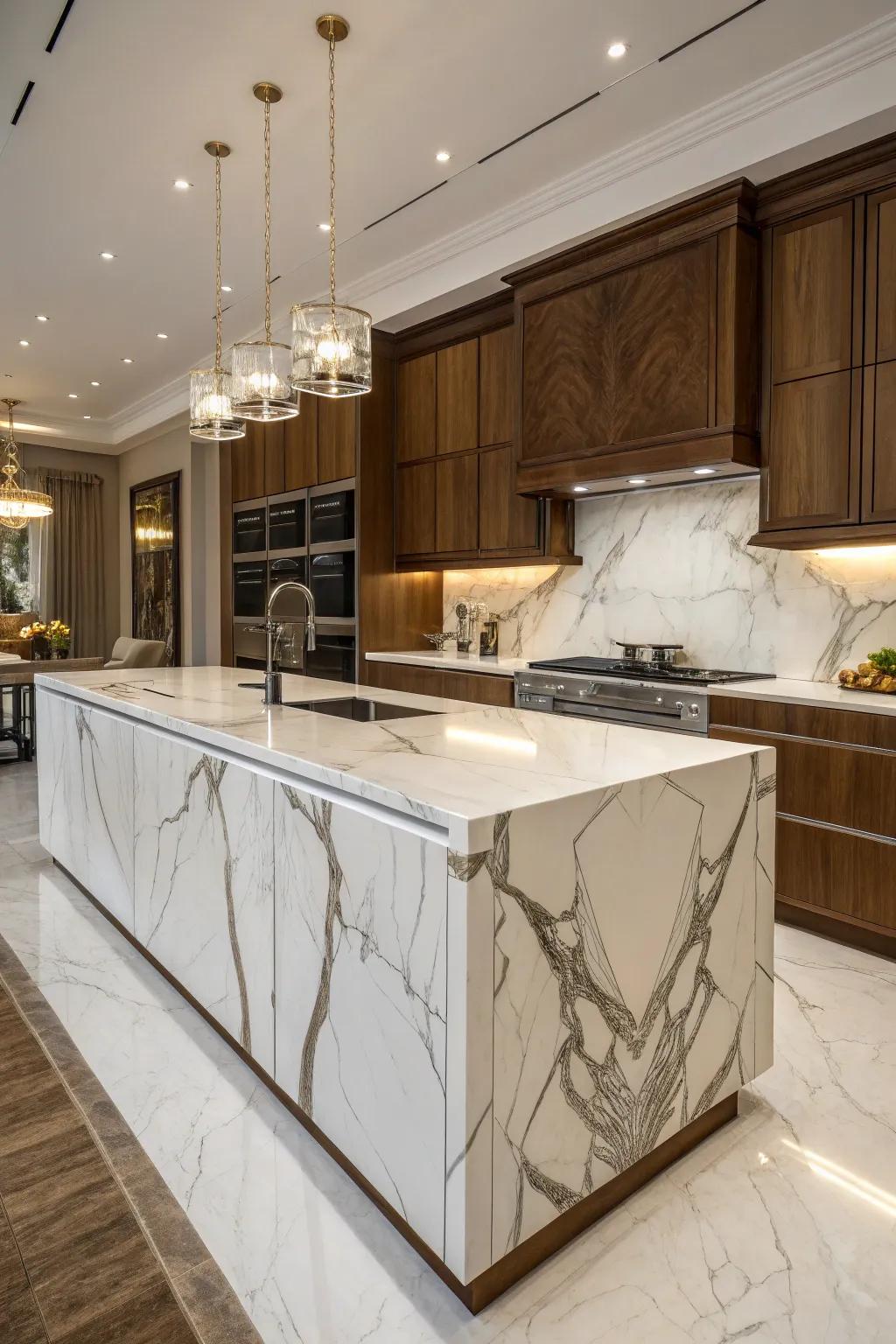 Calacatta marble countertops create a luxurious focal point.