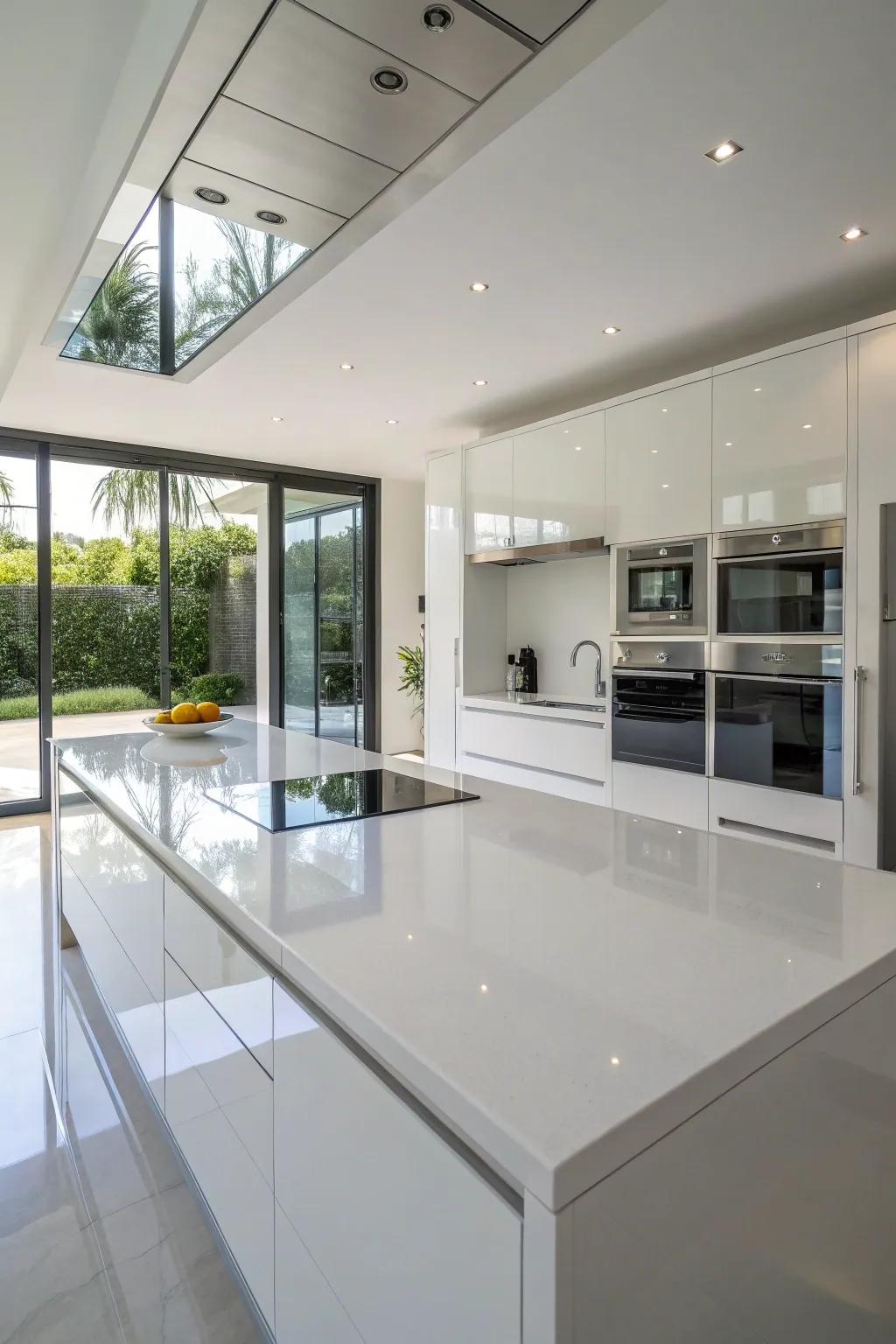 White glass countertops provide a sleek, reflective surface.