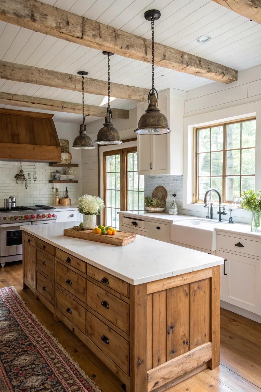 White countertops combined with butcher block island add rustic charm.