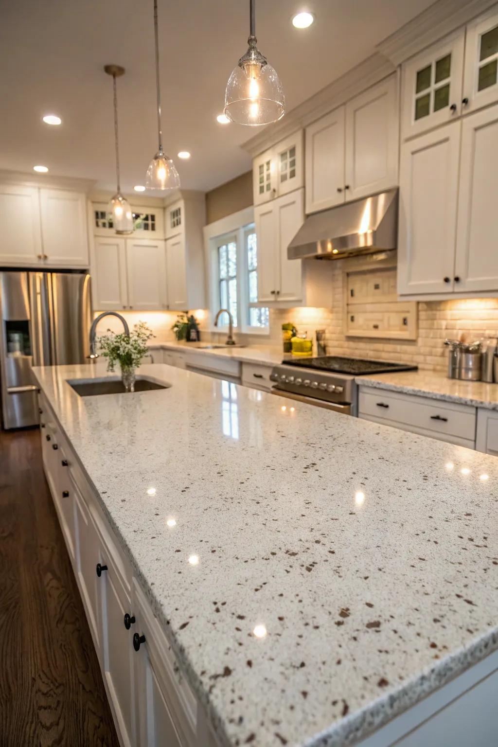 White granite countertops offer natural durability and warmth.
