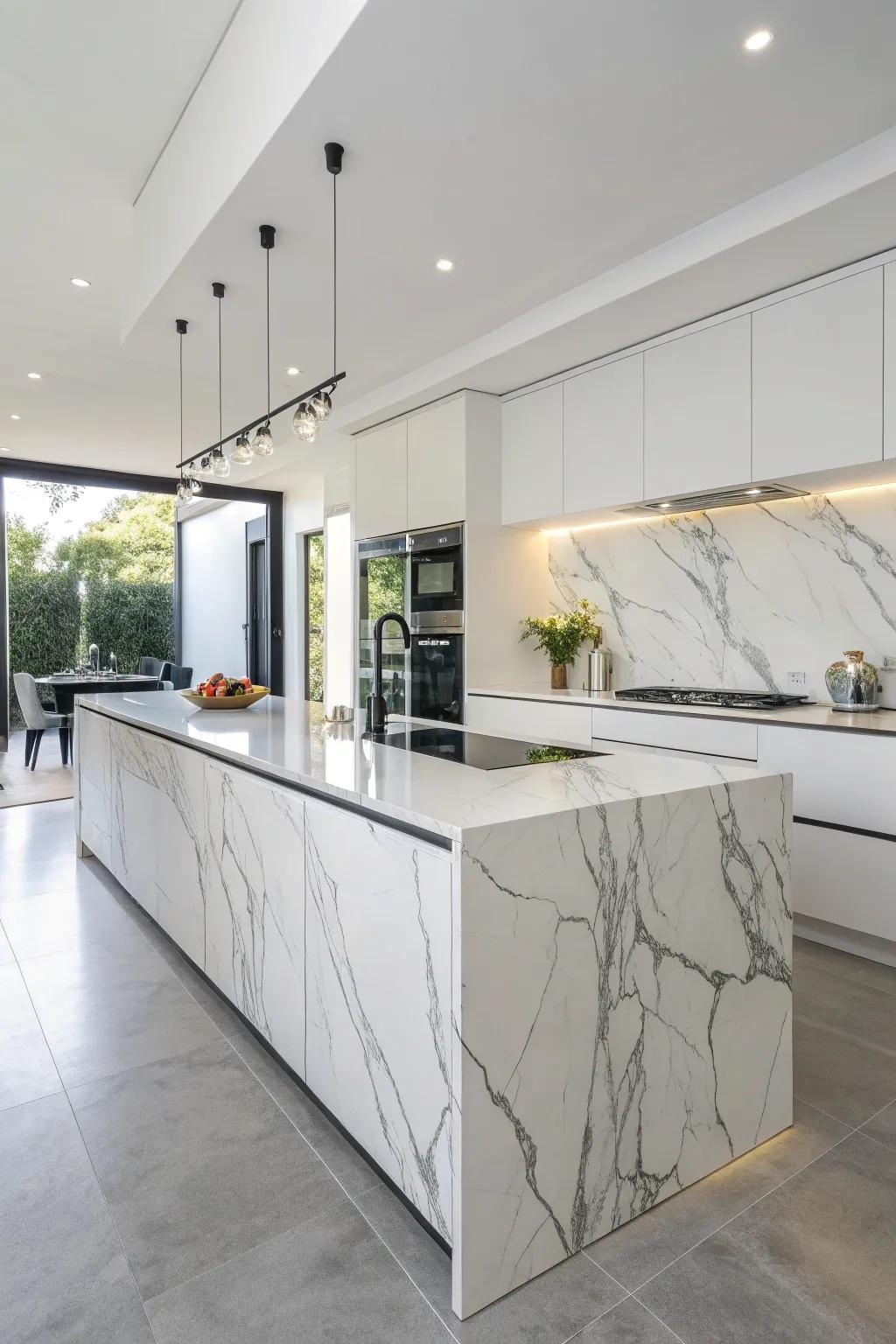 White countertops with bold veining create a dramatic focal point.