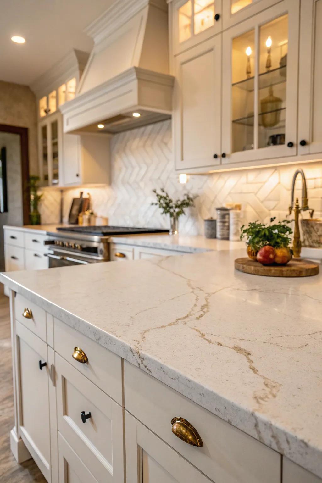 White limestone countertops add natural texture and warmth.
