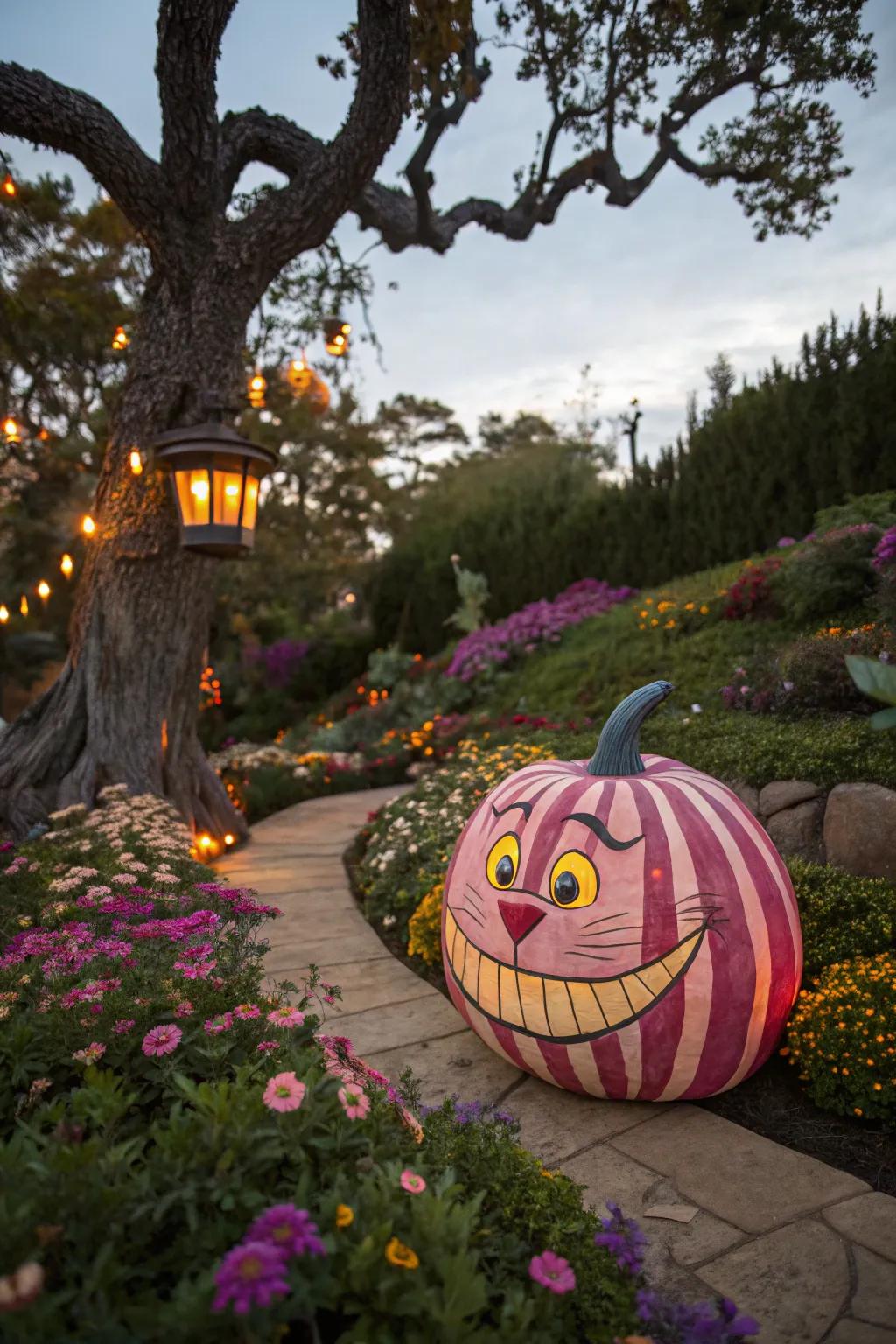 Bring whimsy to your fall with a Cheshire Cat-inspired pumpkin.