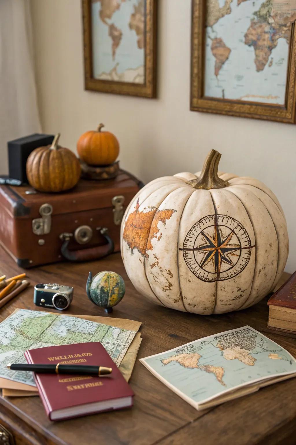 Ignite wanderlust with an explorer-inspired pumpkin design.
