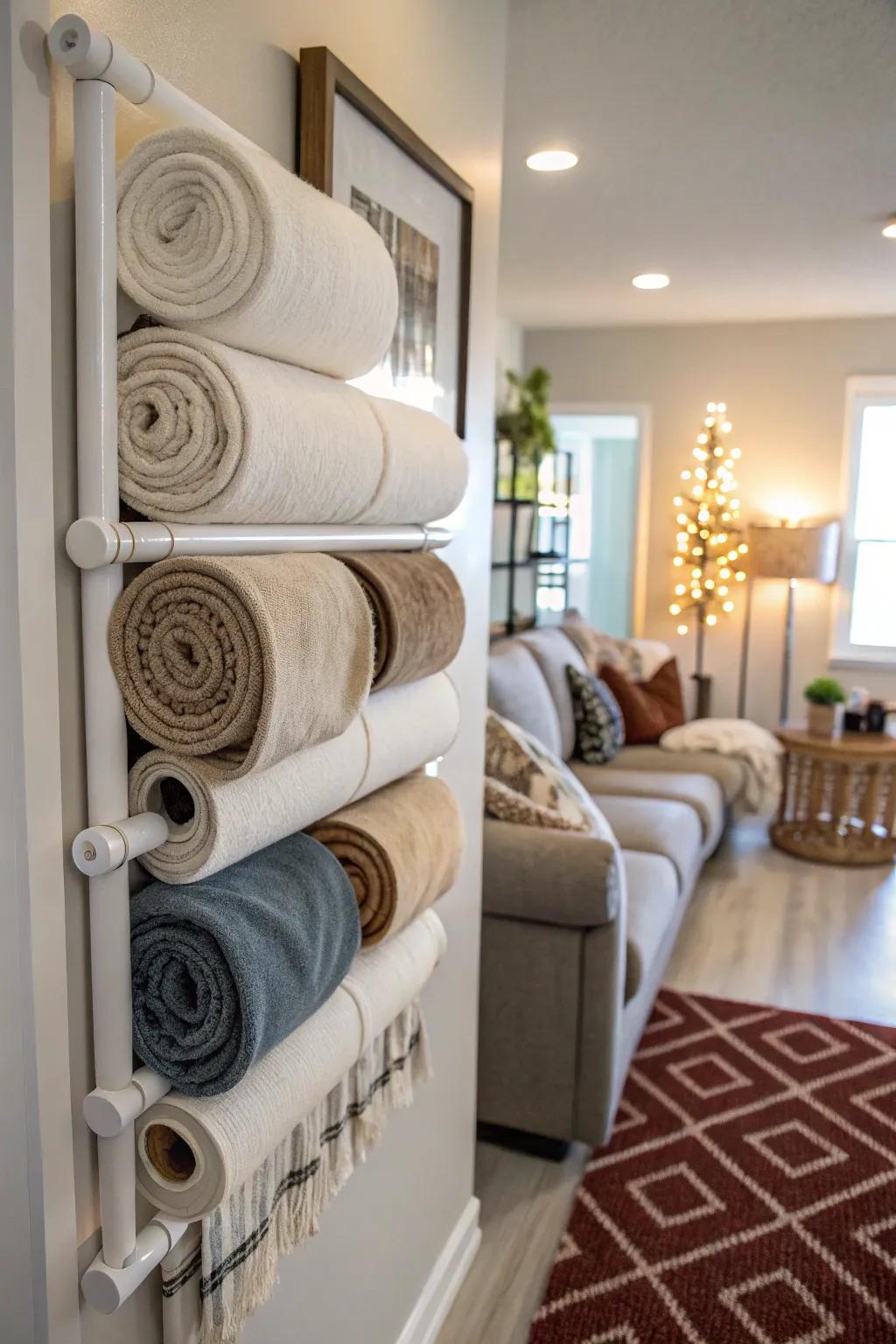 Save closet space with a wall-mounted PVC blanket holder.