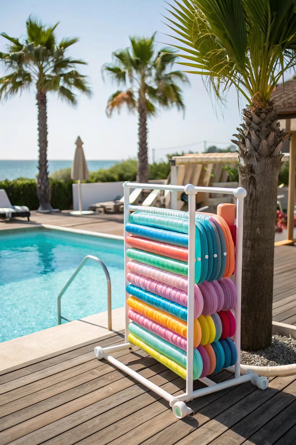 Keep your pool floats organized with a sturdy PVC stand.