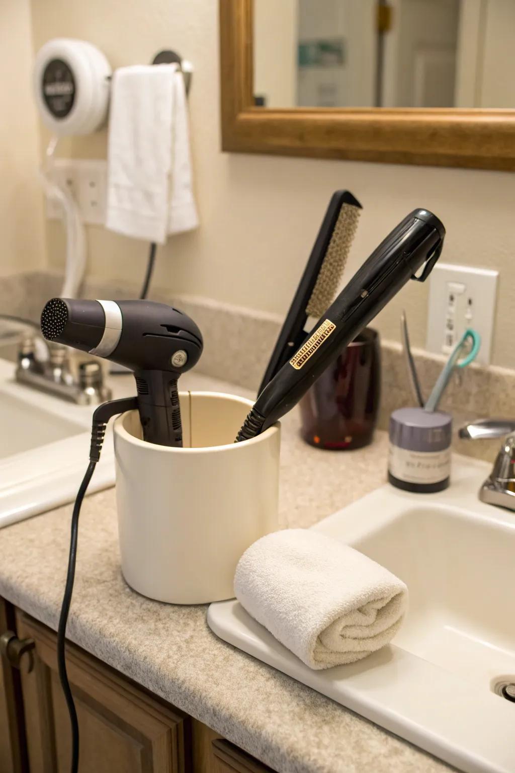 Keep hair styling tools organized with a PVC holder.