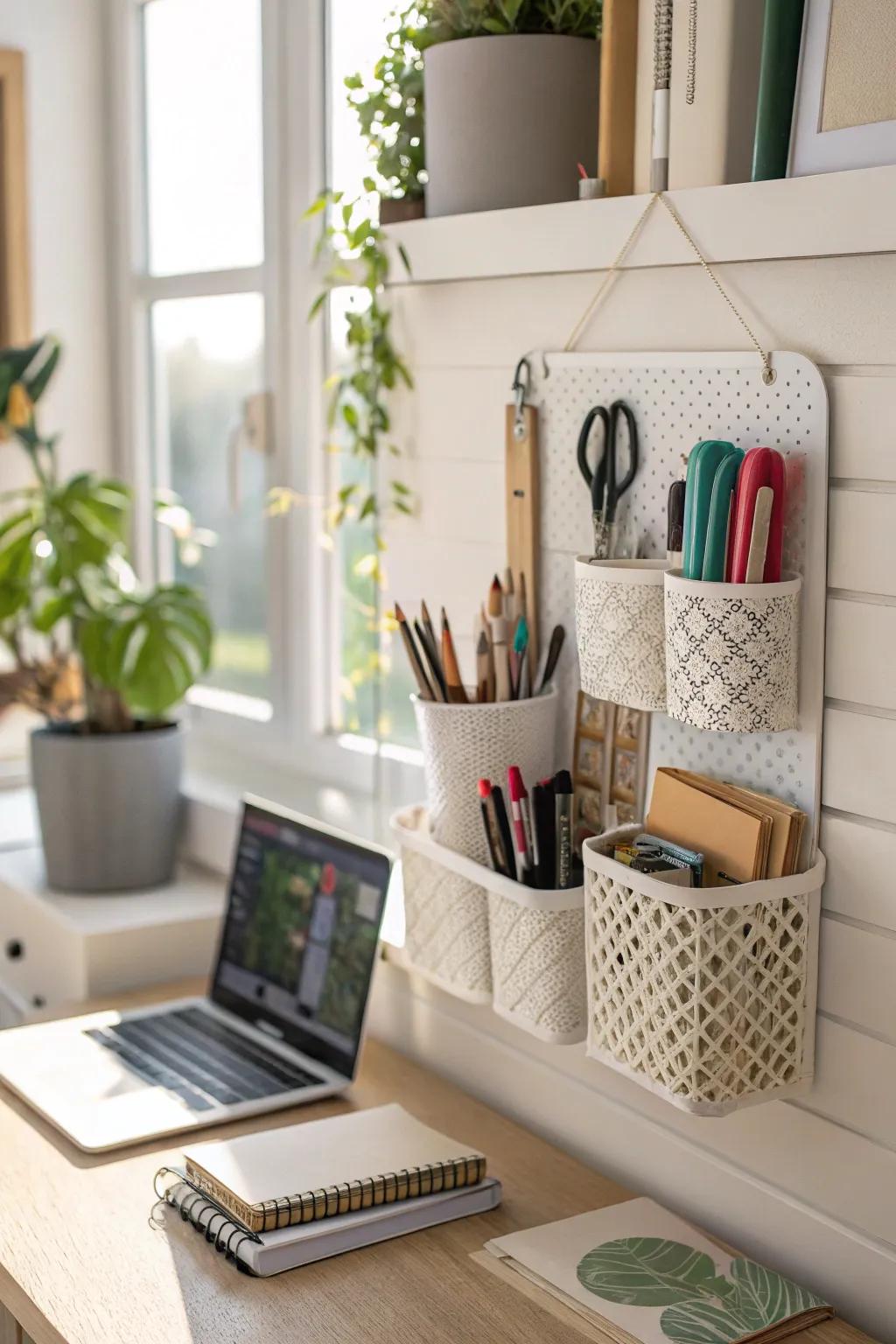 Add charm and function with a decorative PVC wall organizer.
