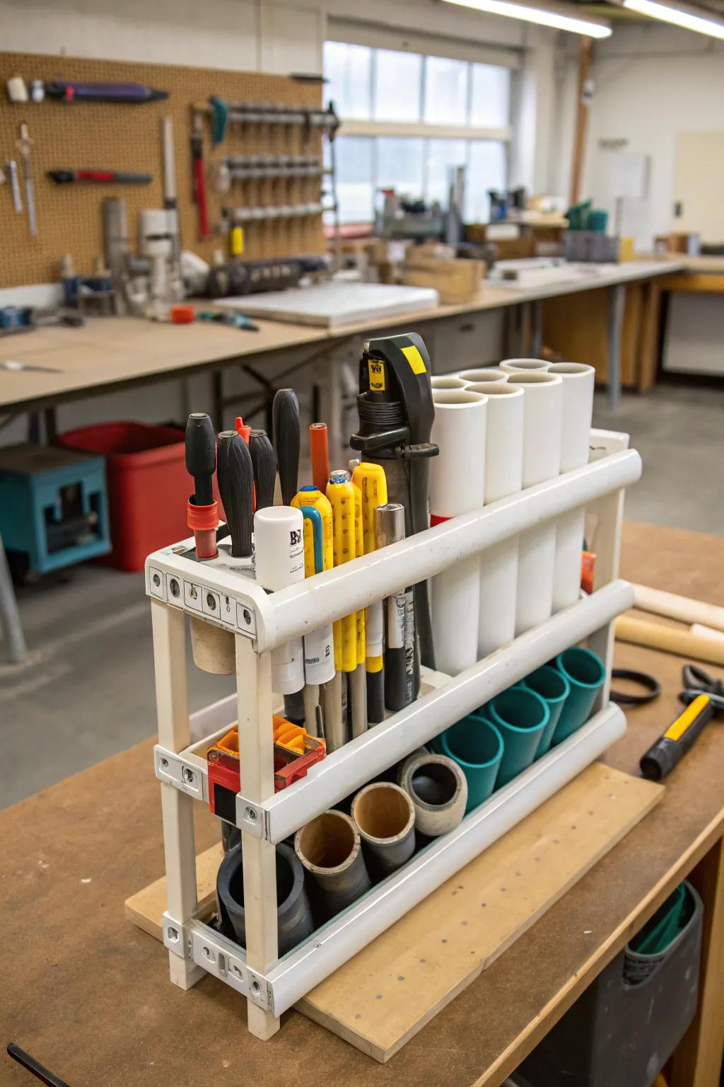 Keep your tools and supplies organized with a multi-use PVC organizer.