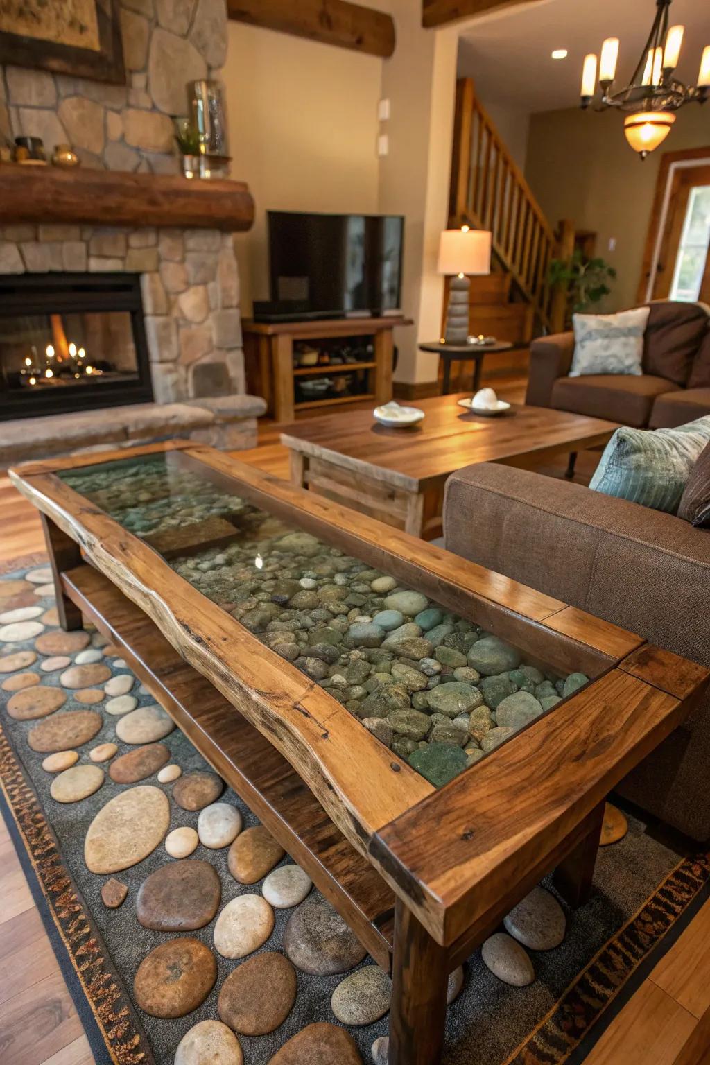Incorporate natural stones for earthy river table designs.