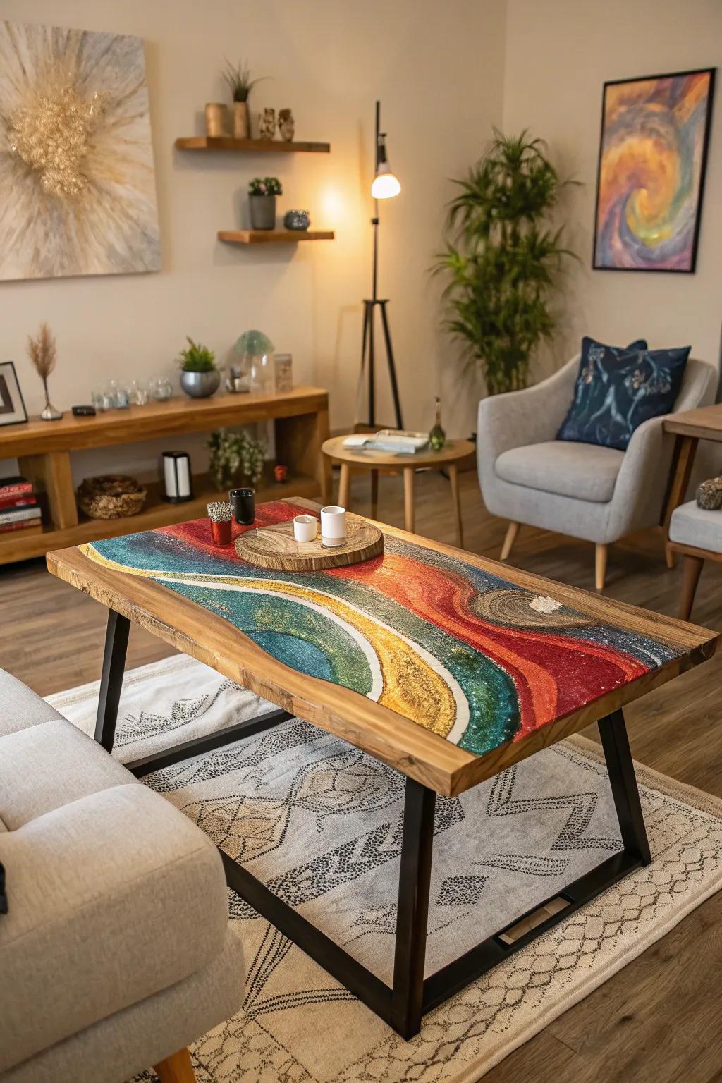 Express creativity with swirling resin patterns in river tables.