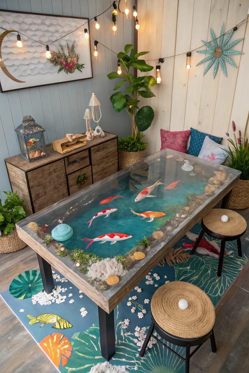 Add charm with koi fish motifs in river tables.
