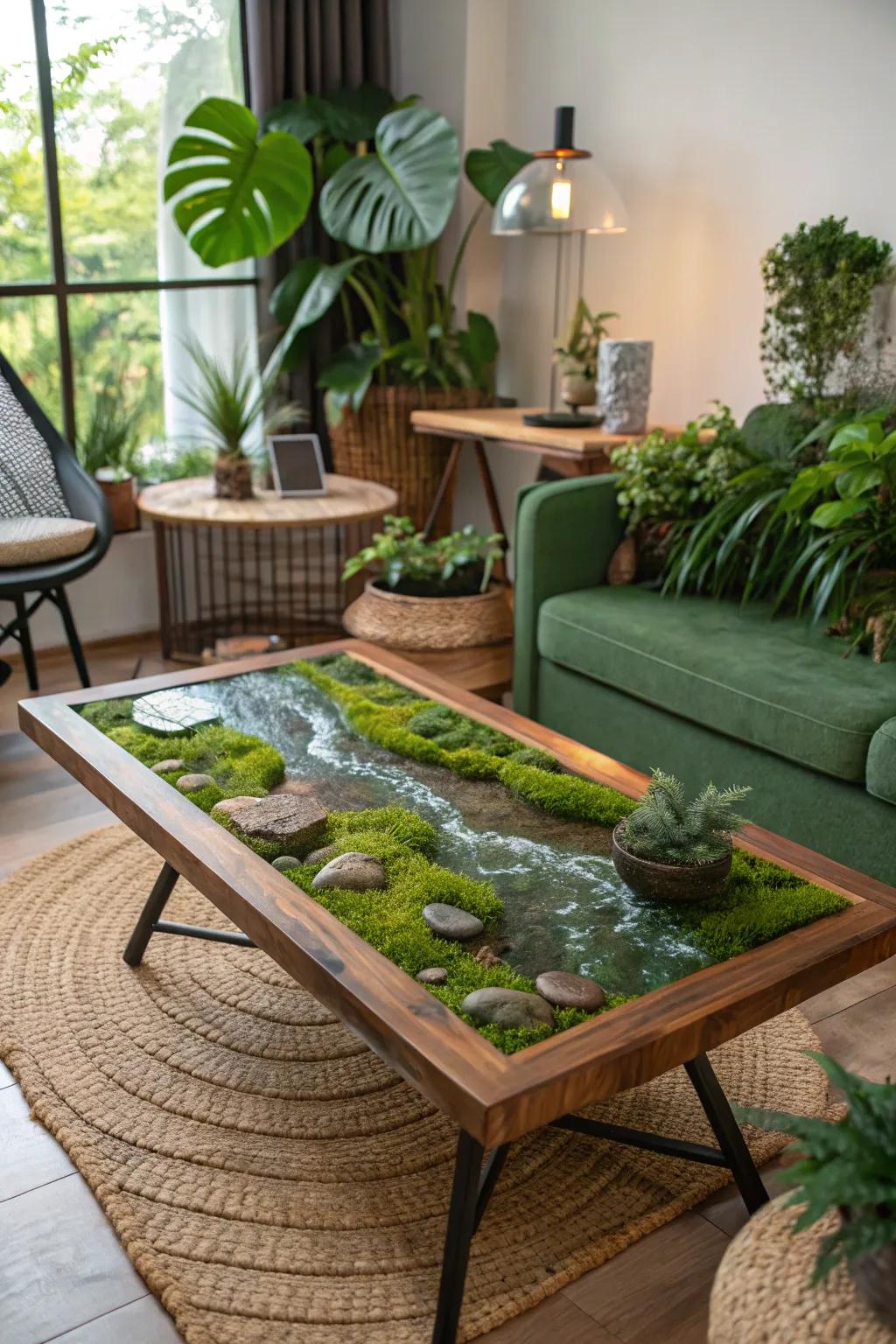 Create a woodland vibe with moss-infused river tables.