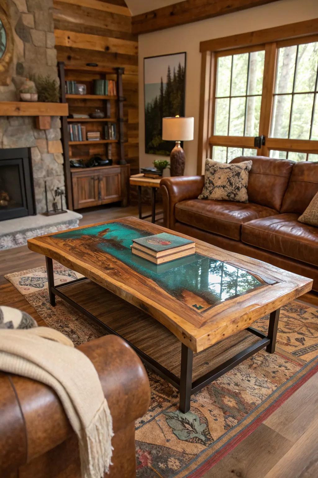 Add character with reclaimed wood river tables.