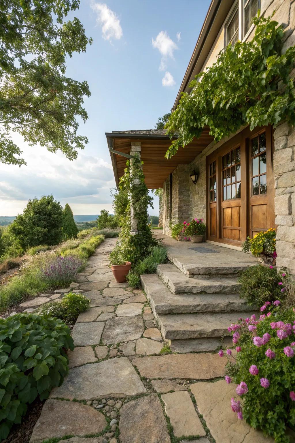 Rustic stone pathway leading to a charming porch.