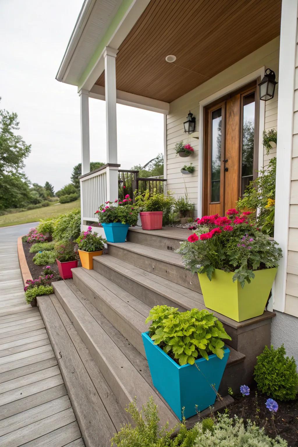 Sleek wooden steps adorned with colorful planters.