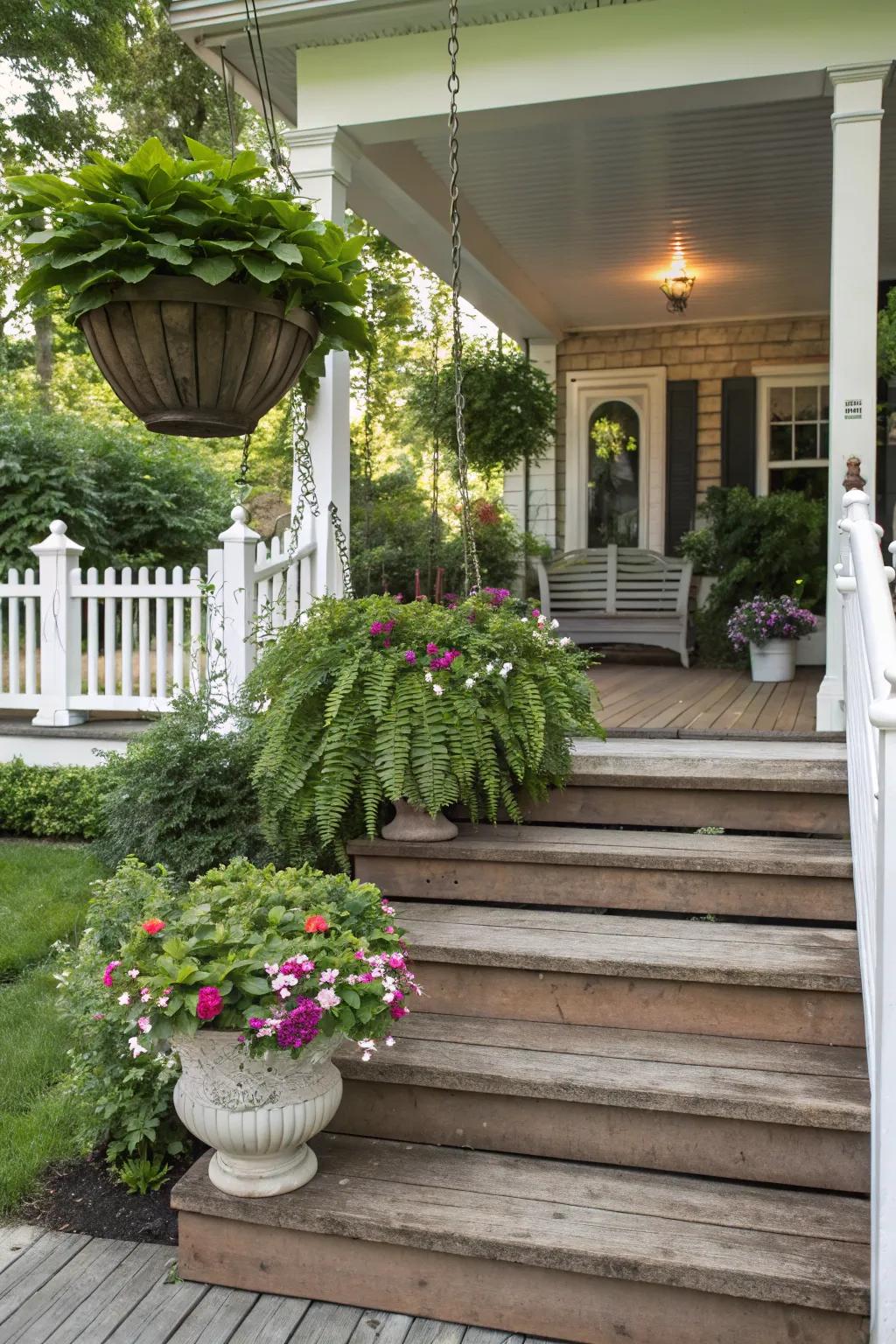 Matching planters flanking front porch steps.