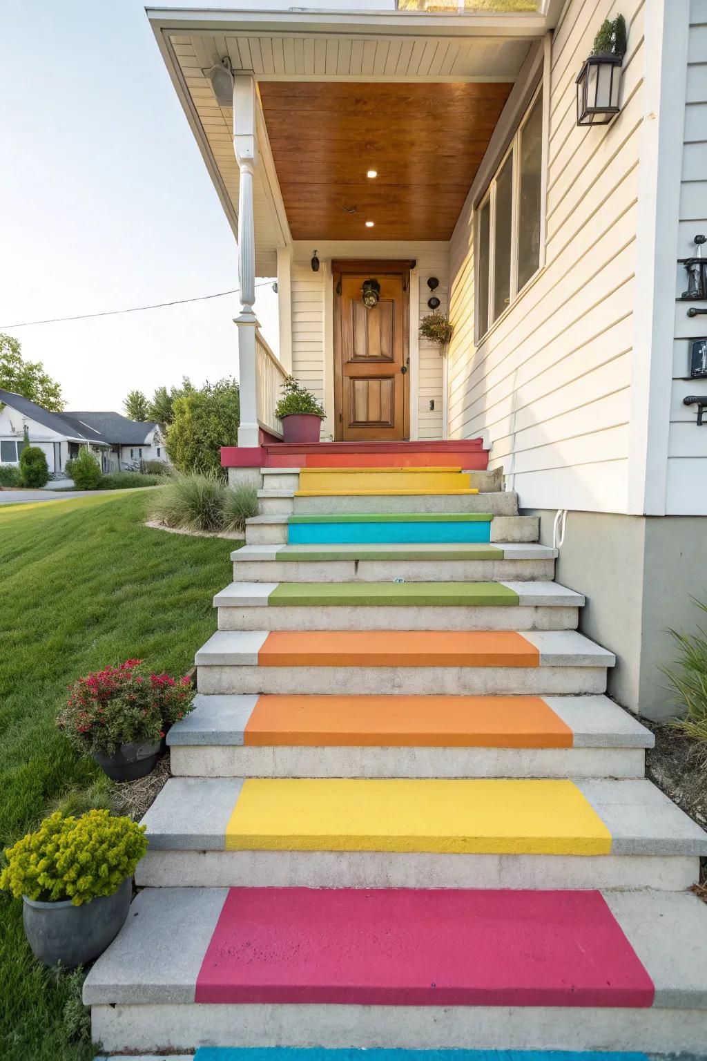Eye-catching painted concrete steps at the entrance.