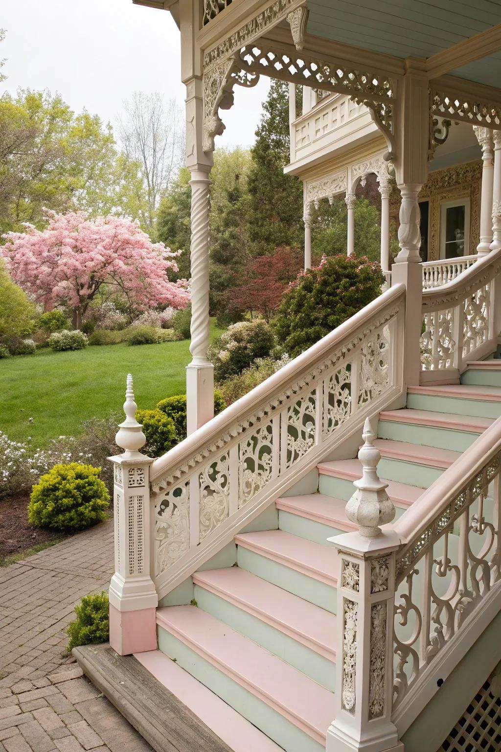 Victorian-style porch with ornate railings and soft colors.