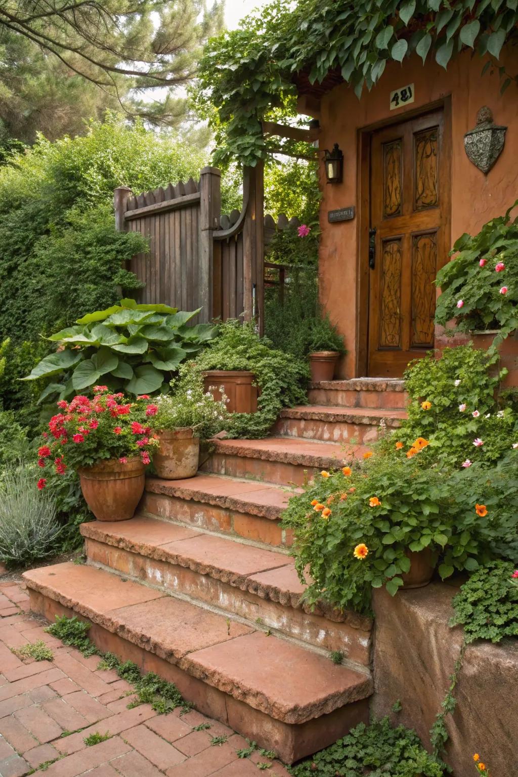 Terracotta steps surrounded by vibrant plants.