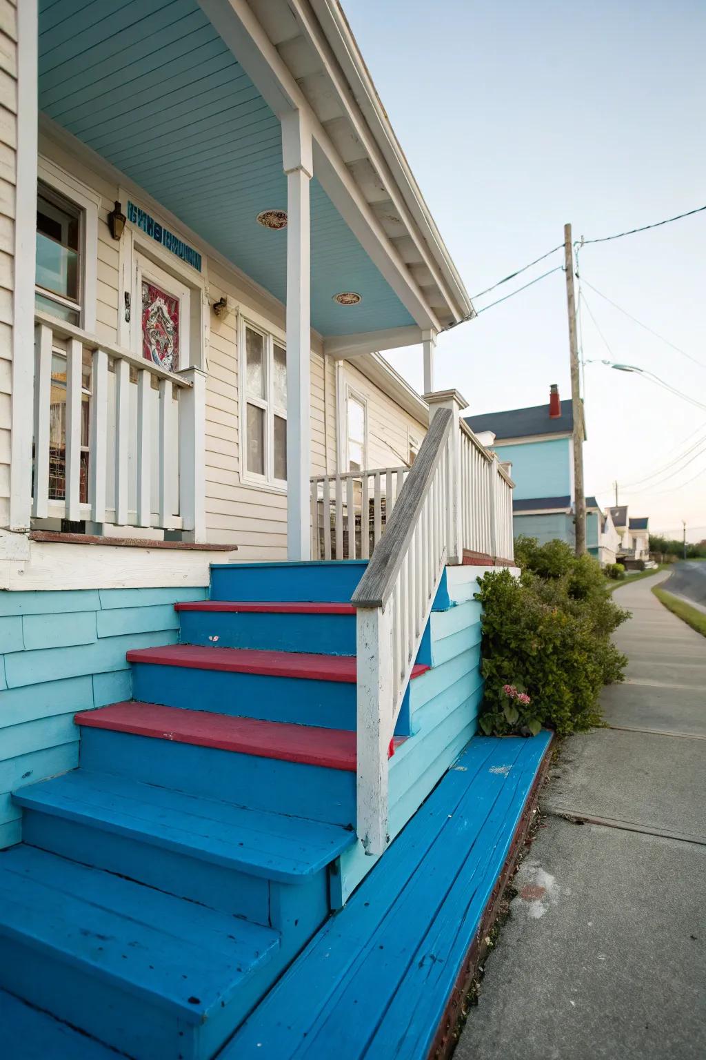 Porch steps painted in contrasting colors for visual impact.