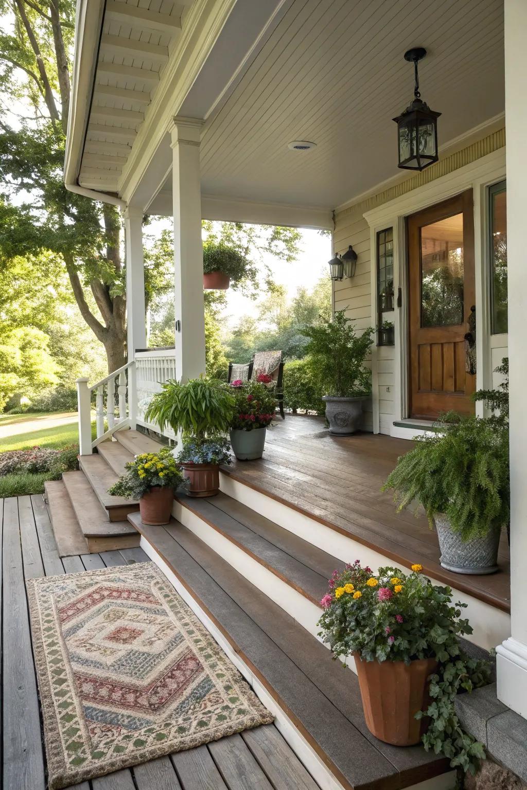 Broad steps creating an inviting porch entrance.