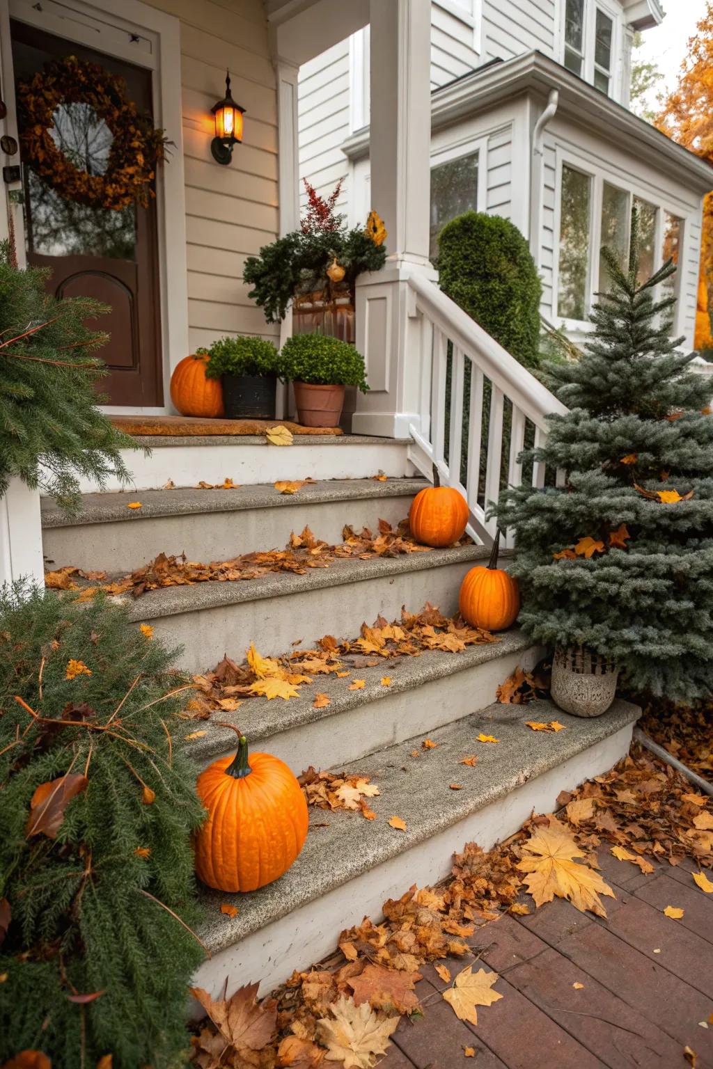 Seasonal decorations enhancing the porch steps.
