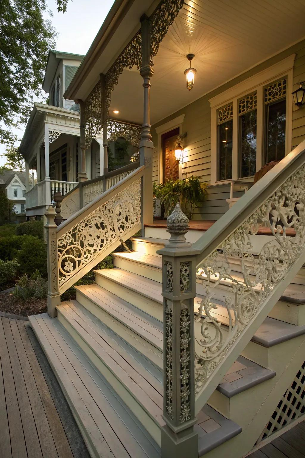 Decorative railings enhancing porch steps with style.