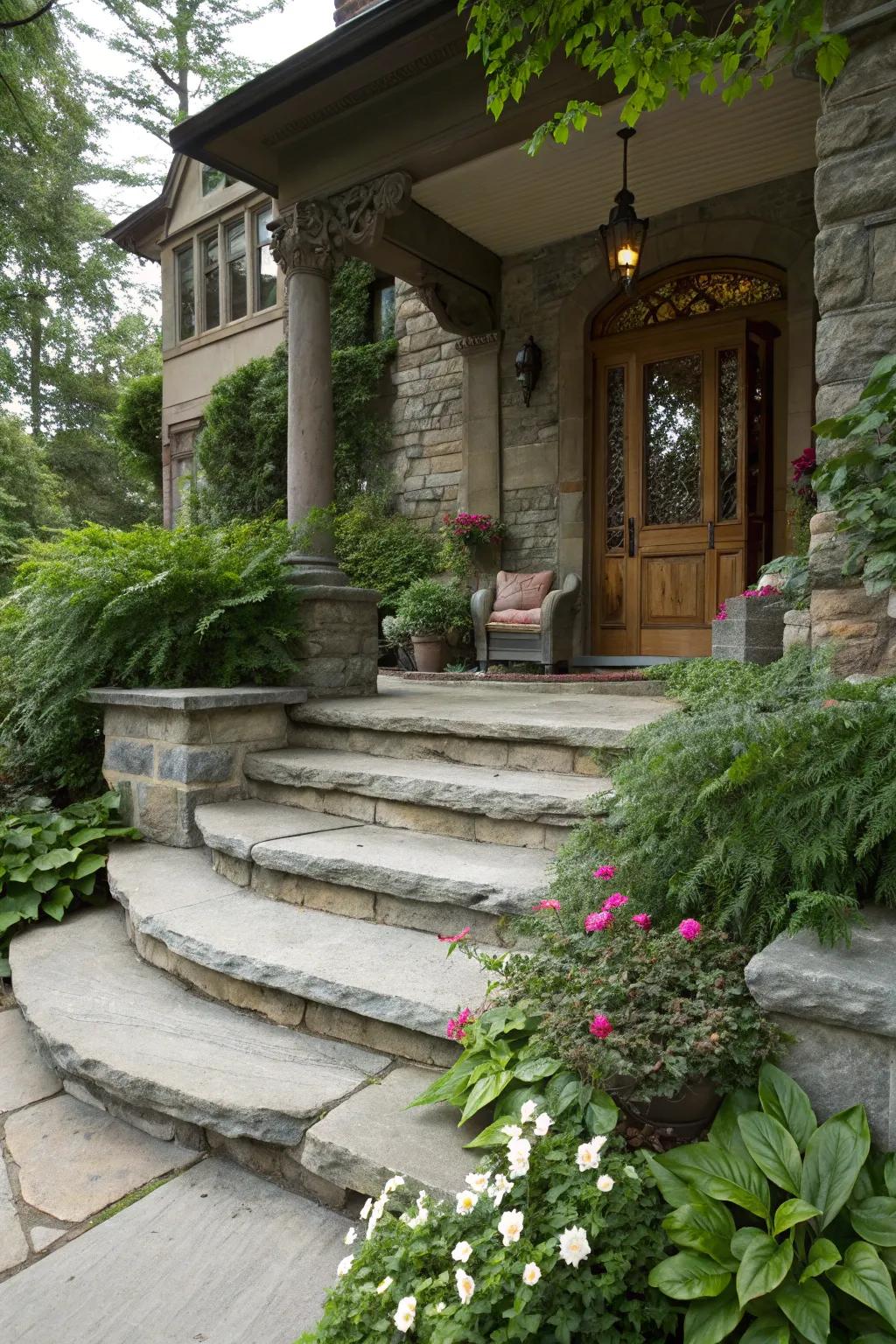 Sophisticated natural stone steps enhancing curb appeal.