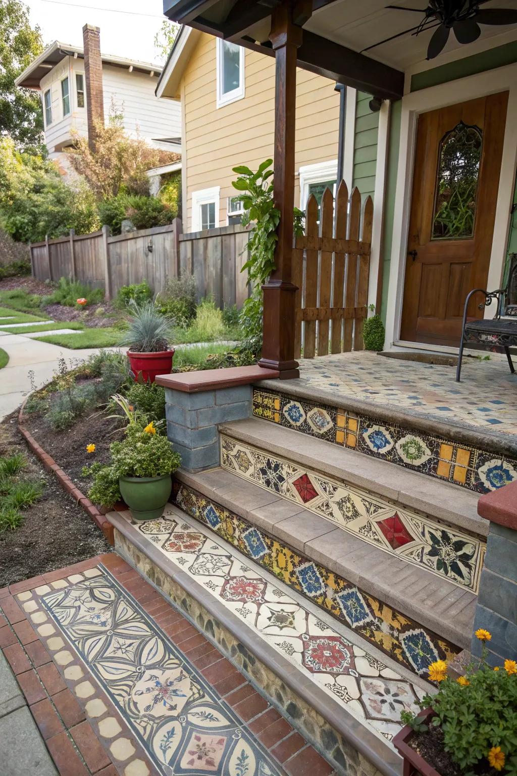 Colorful artistic tiles decorating porch steps.