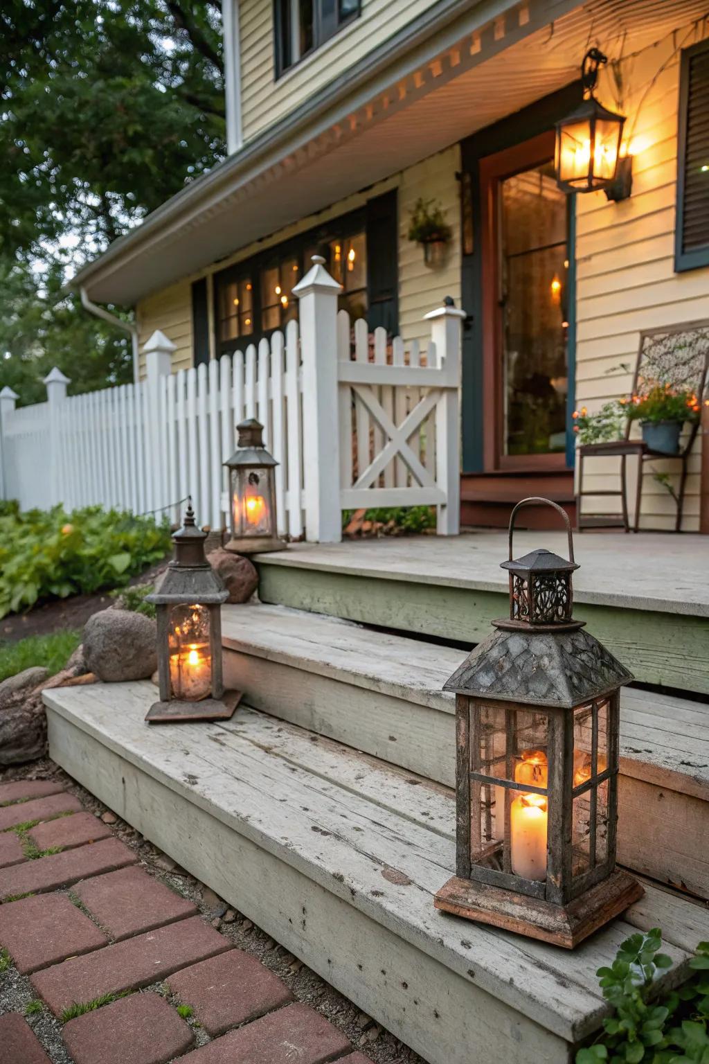 Vintage accents adding nostalgic charm to porch steps.