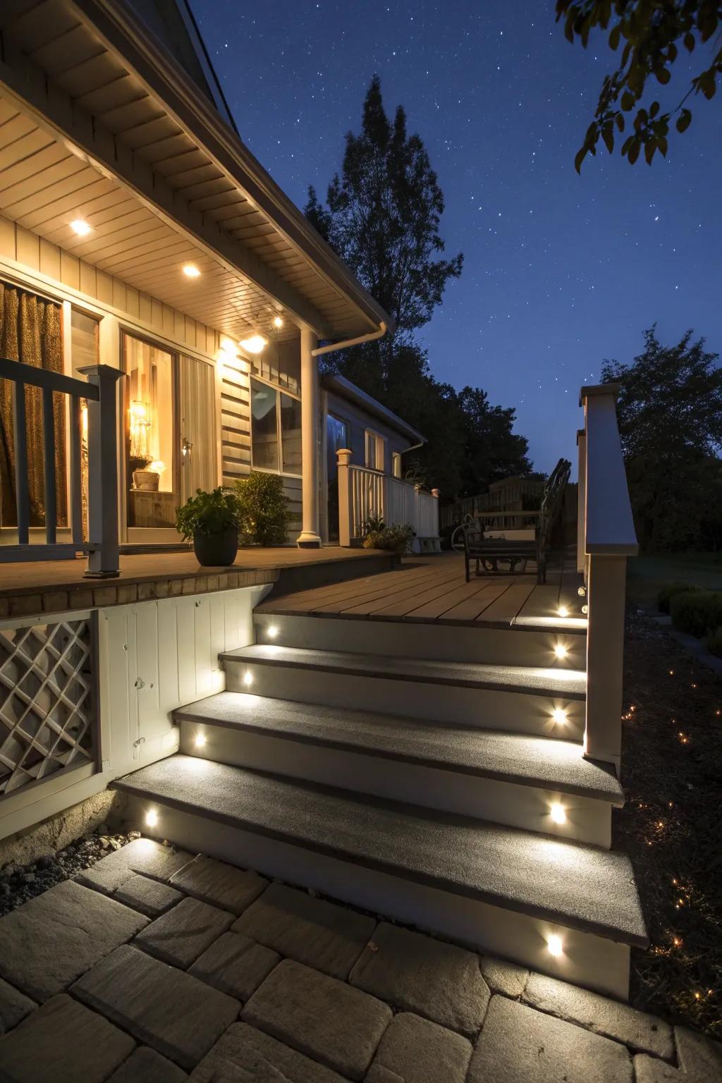 Integrated lighting enhancing porch steps.