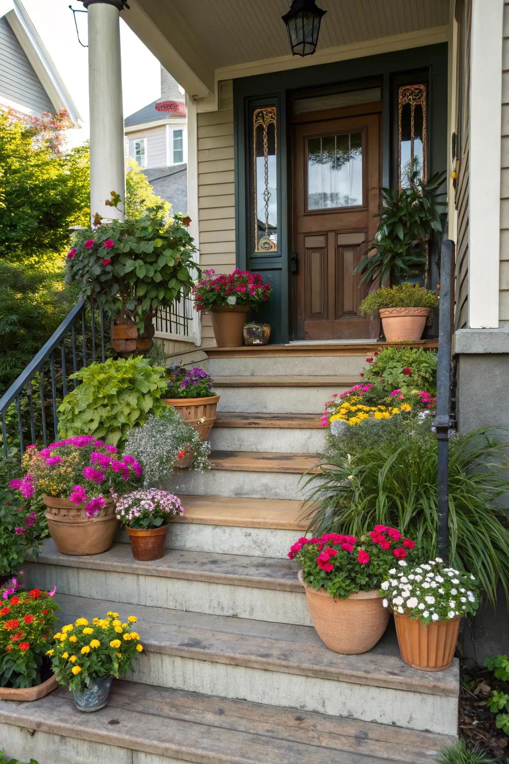 Varied potted plants creating a vibrant porch entrance.