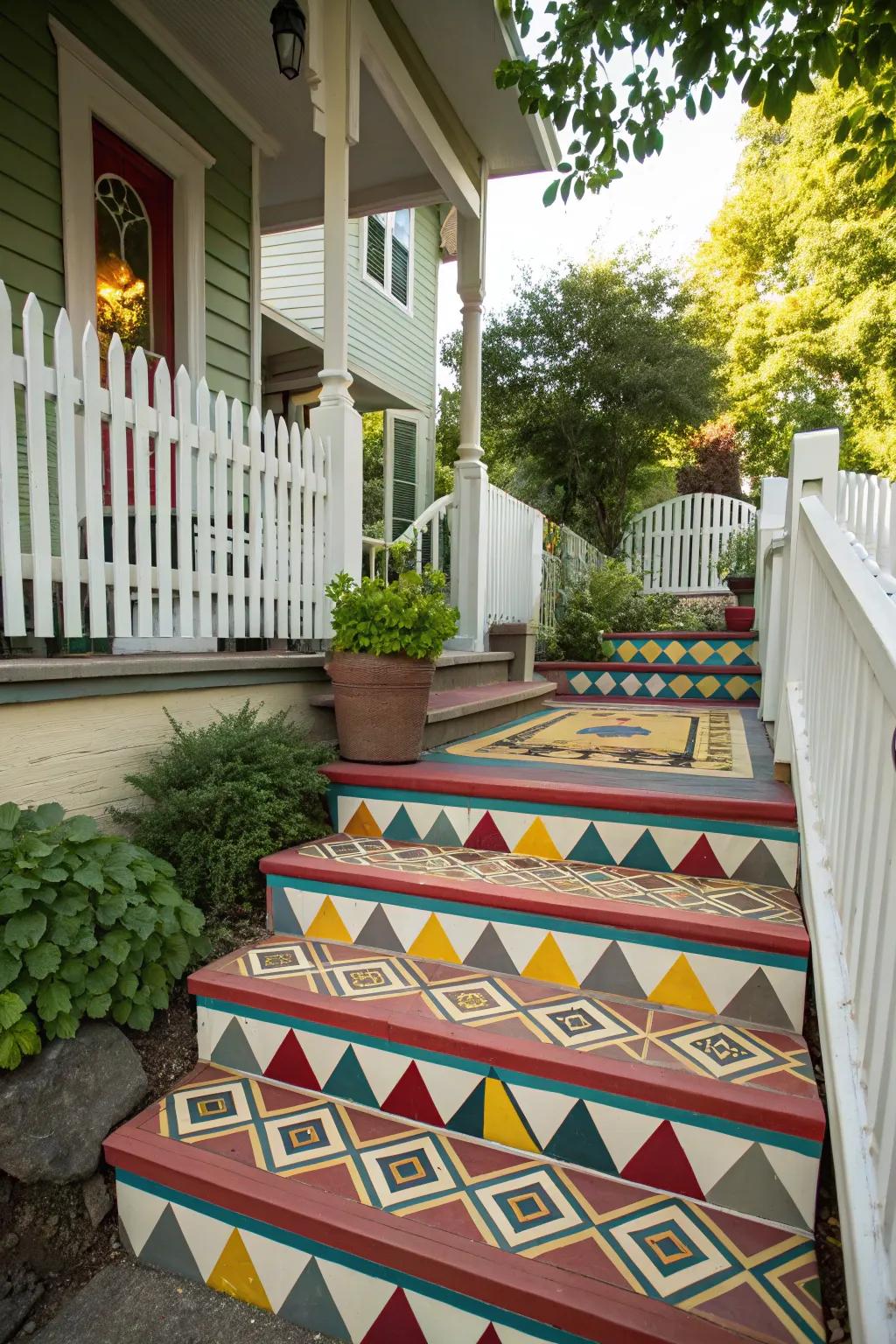 Porch steps featuring bold geometric patterns.