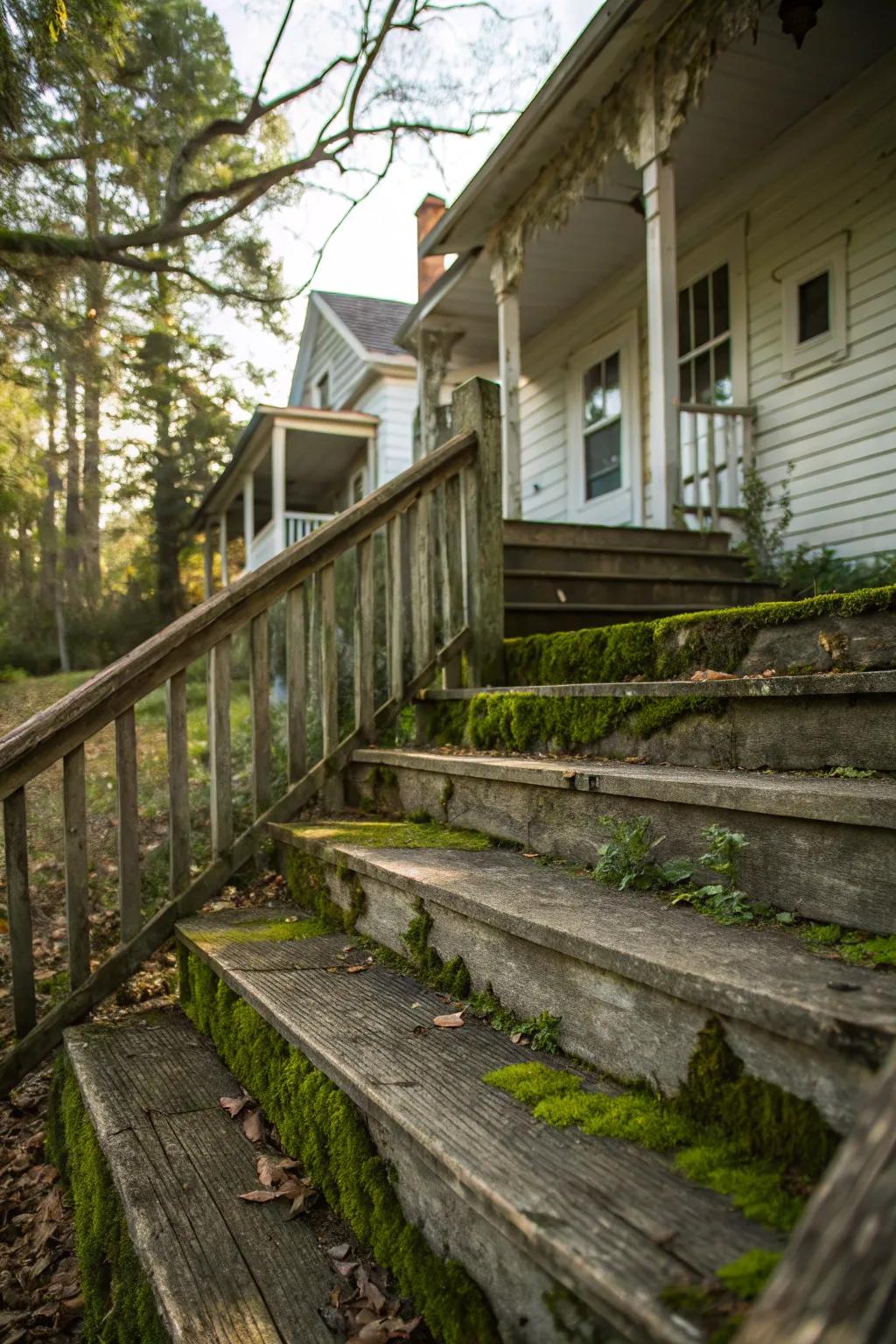 Weathered wood steps adding rustic warmth.