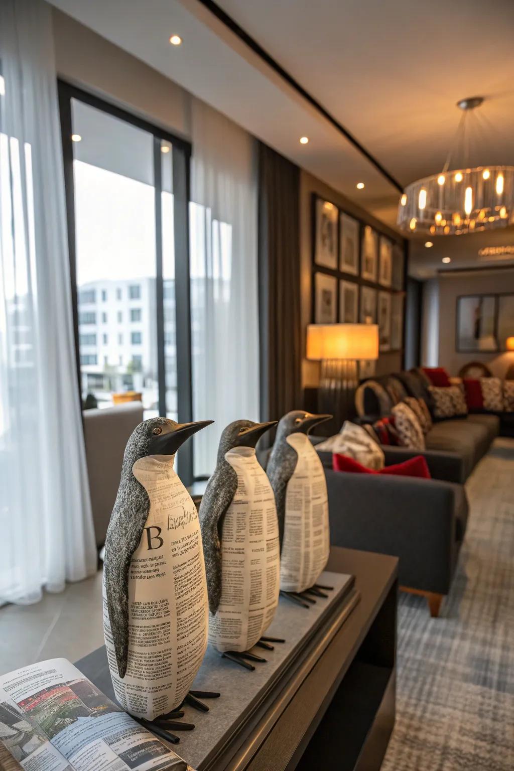 Sustainable and charming penguin figures made from recycled newspapers.