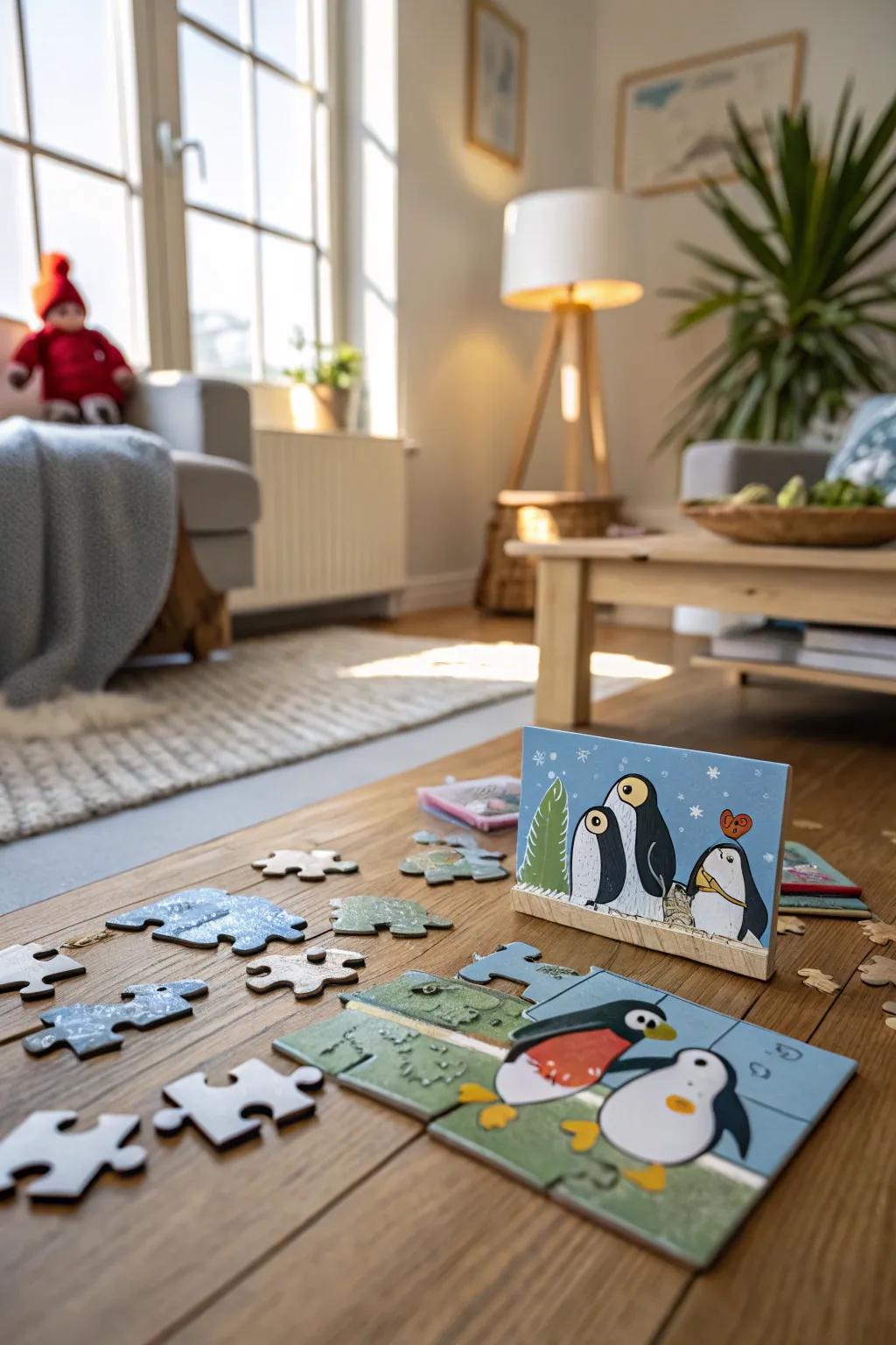 Enjoy assembling this charming handmade penguin puzzle.