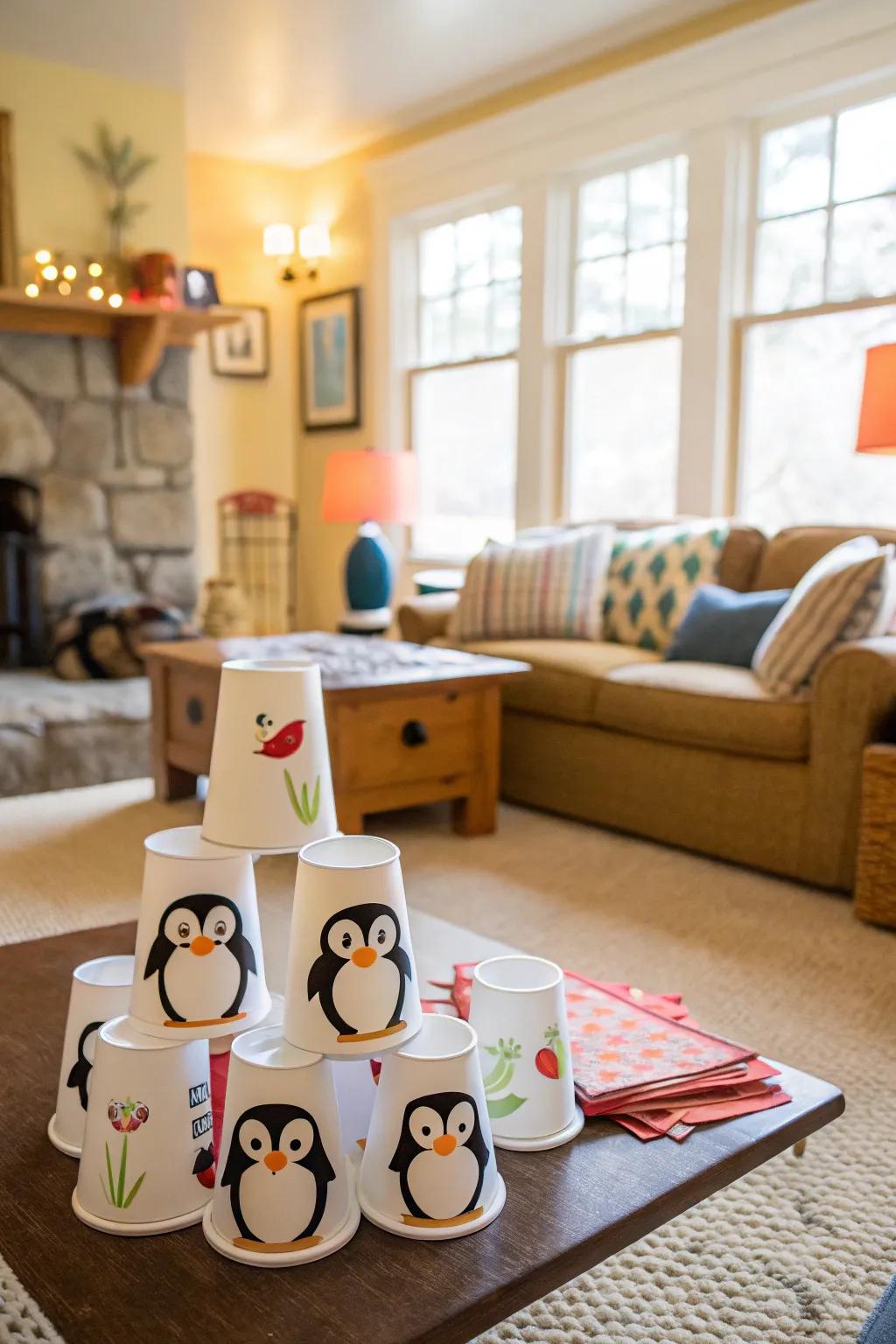 Enjoy a lively penguin-themed cup game with family and friends.