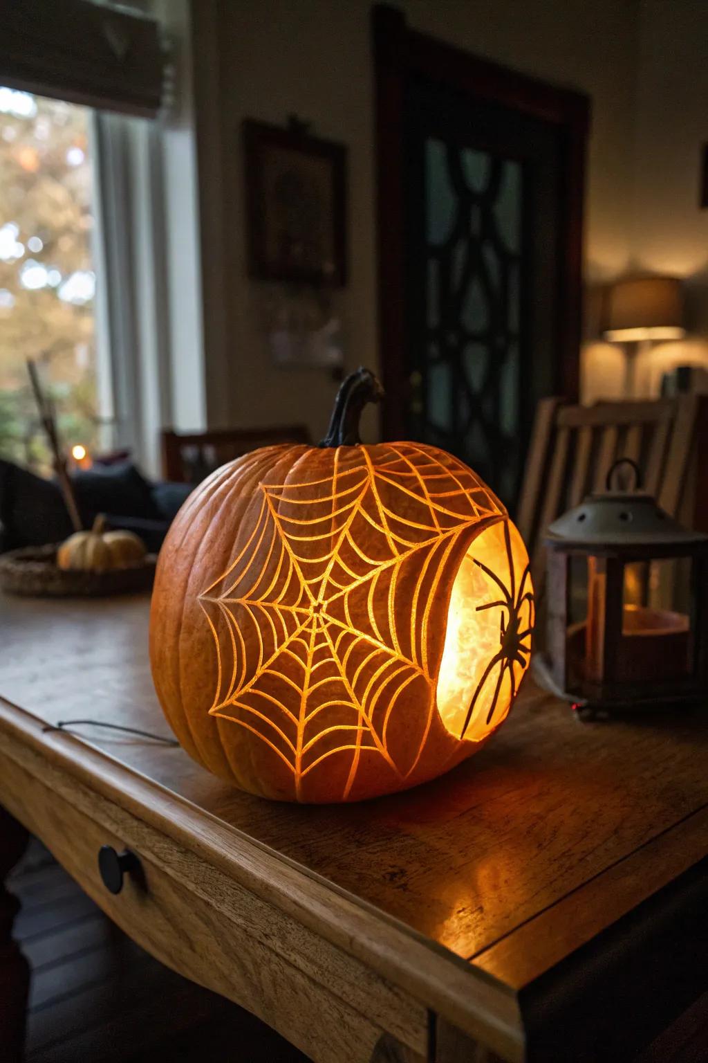 Pumpkin glowing with a spider web design in the dark