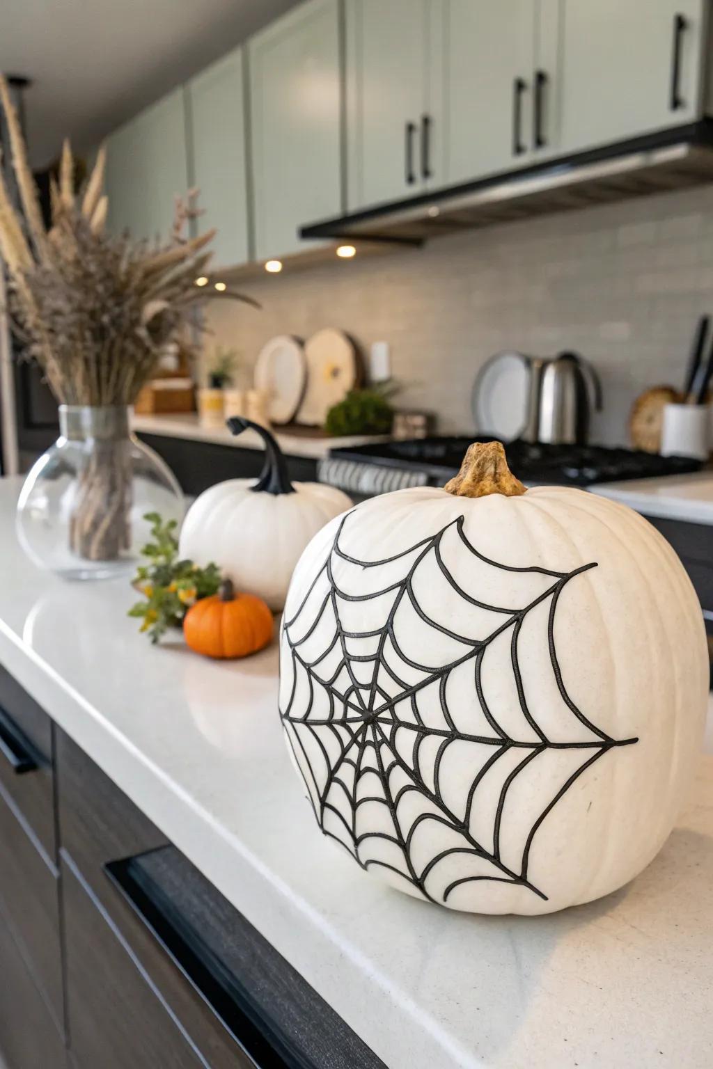 White pumpkin featuring a bold black spider web design